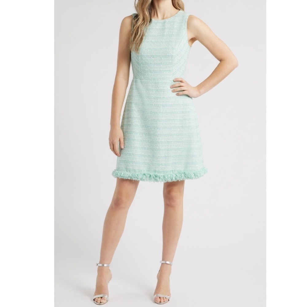 NWT Eliza J Mint Green Tweed Shift Dress Fringe Hem Sleeveless Preppy Mini Sz 14